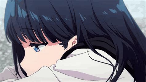 An Anime Girl With Long Black Hair And Blue Eyes Looking At Something
