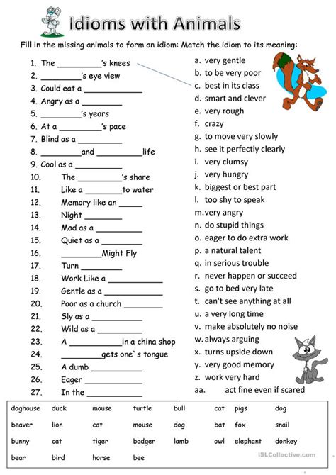 Idioms With Animals Worksheet Free Esl Printable