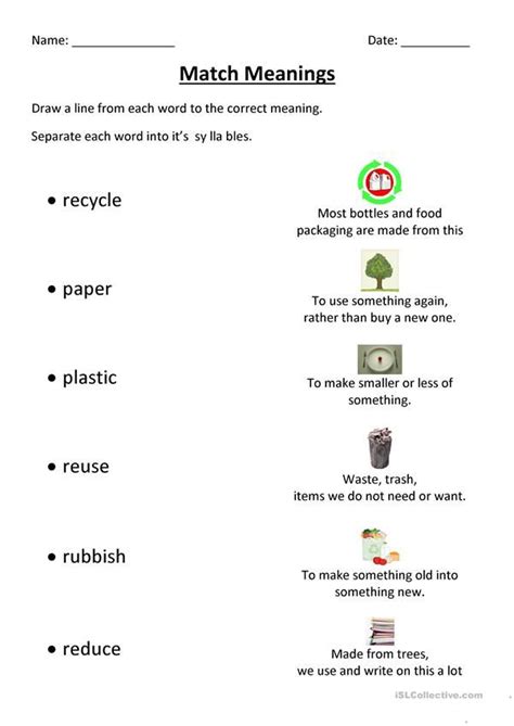 recycling match english esl worksheets recycling reduce reuse