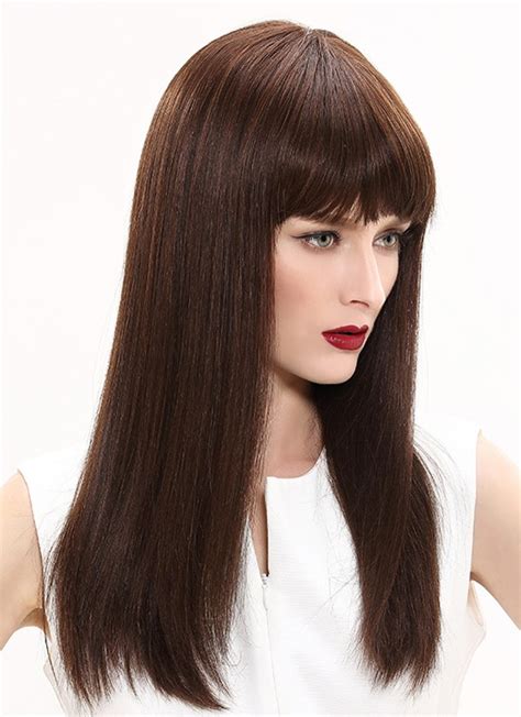 100 Human Hair Long Straight Wigs With Full Bangs