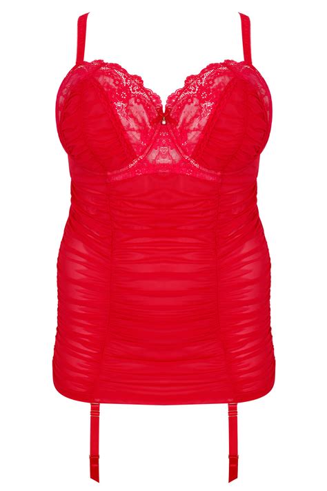 Red Mesh Ruched Basque With Lace Detail Plus Size 40d 48f