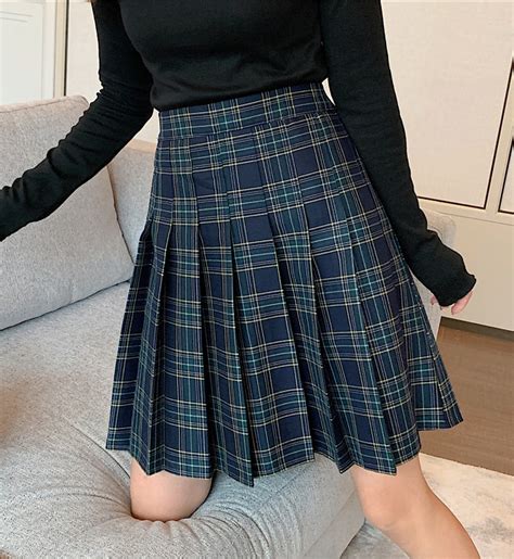 Women Knee Length Pleated Plaid Skirt Plus Size Plaid Skirt Navy Black