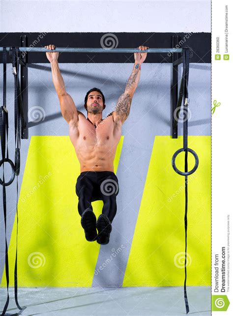 Crossfit Toes To Bar Man Pull Ups 2 Bars Workout Stock