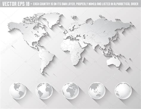 Flat Shadow World Map With Globes — Stock Vector © Fourleaflovers 72676619
