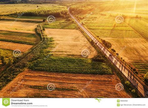 Beautiful Aerial View Of Countryside And Fields In Sunset Stock Photo