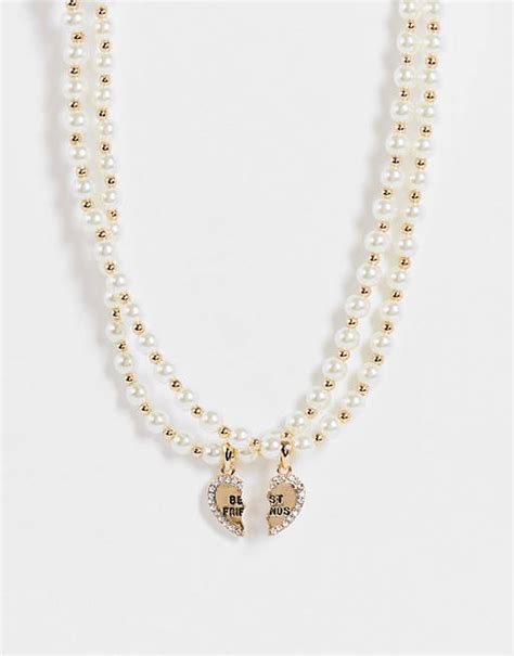Asos Design Best Friends Pearl Necklace In Gold Tone Asos