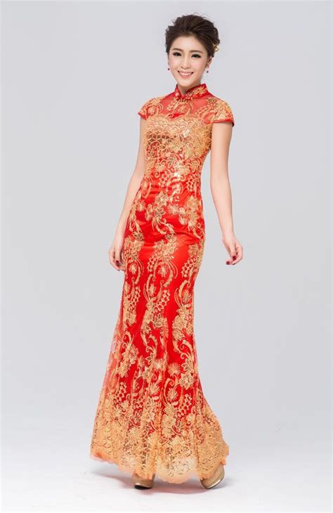 Rp Traditional Gold Red Floral Chinese Cress Long Evening Qipao Etsy