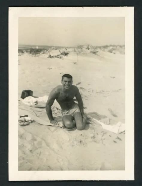 Handsome Shirtless Man Swimsuit Bulge Beach Photo 1950s Physique Gay