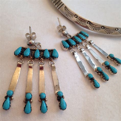 Zuni Petit Point Turquoise Dangle Post Earrings Stamped Etsy