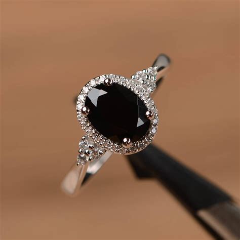 Natural Black Spinel Ring Oval Cut Wedding Engagement Ring Etsy