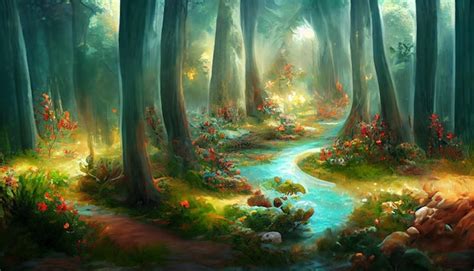 The Enchanted Forest Of The Magic Natural Landscape And River Flow