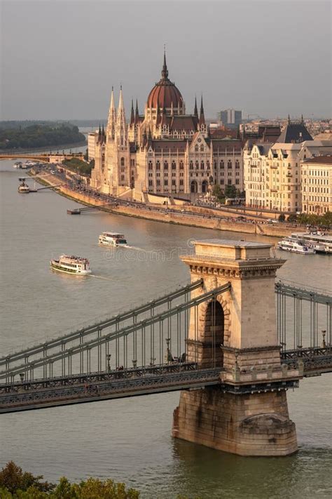 Chain Bridge And The Parliament Building At Sunset In Budapest Stock