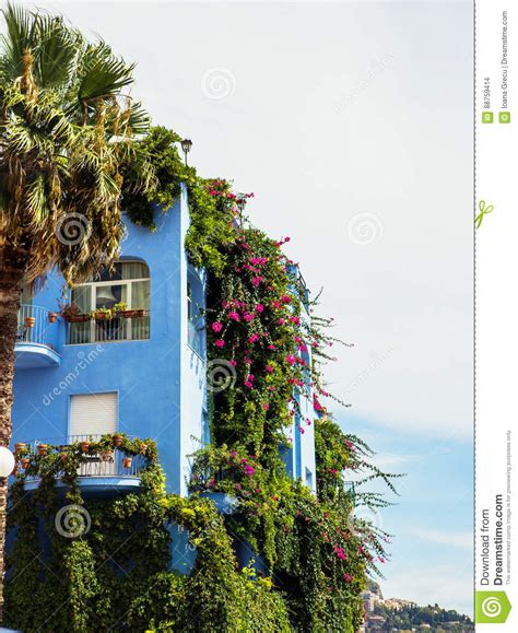 Giardini Naxos Blue Hotel Covered In Greenery Sicily Stock Photo