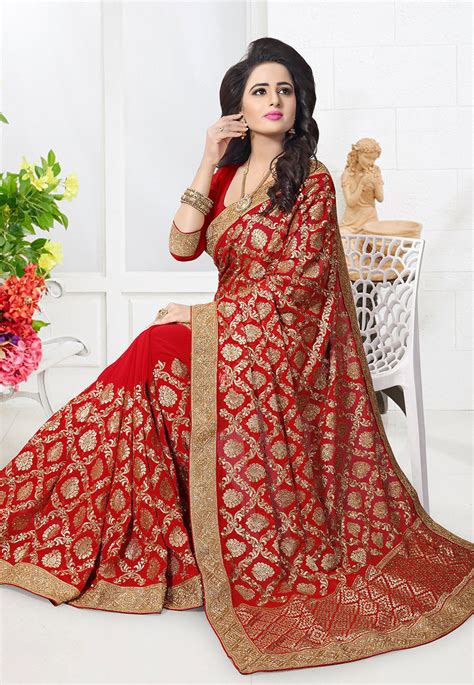 Embroidered Georgette Saree In Red Ssha1194