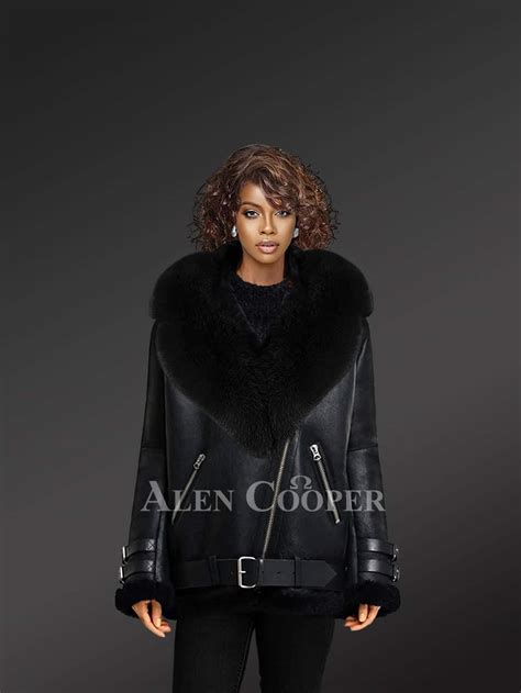 Real Sheepskin Shearling Jacket Women With Fox Fur Collar