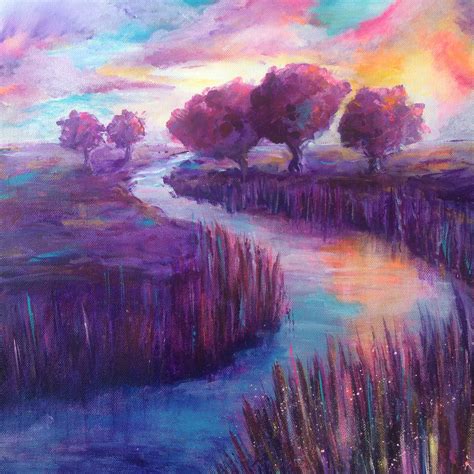 Purple Landscape 4 Acrylic Painting On Canvas 40x40 Cm By Rieneke