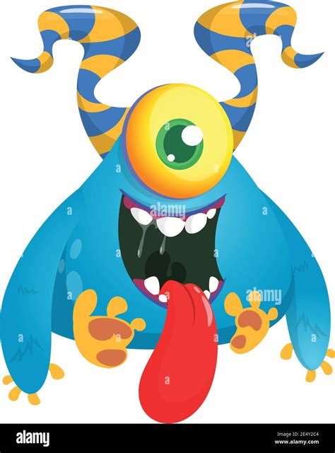 Cute Cartoon Monster With Horns And One Eye Smiling Monster Emotion With Big Mouth Halloween