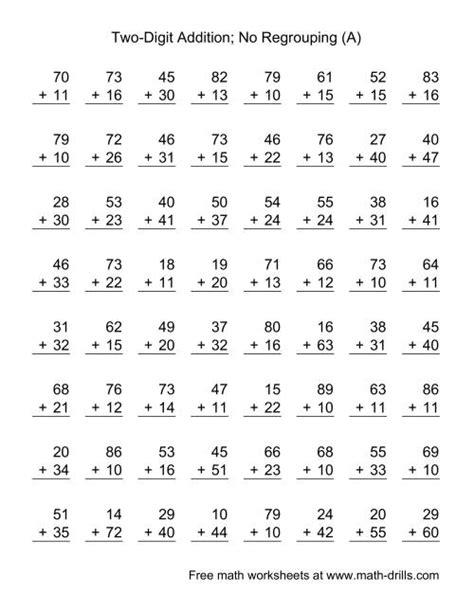 Get the kids to solve these worksheets again and again so that they can master solving the math equations. Two-Digit Addition -- No Regrouping -- 64 Questions (A)