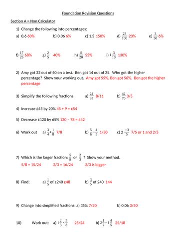 Gcse Foundation Revision Questions On Fractions Decimals And