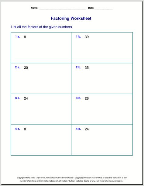 Find The Factors Of Numbers Worksheets