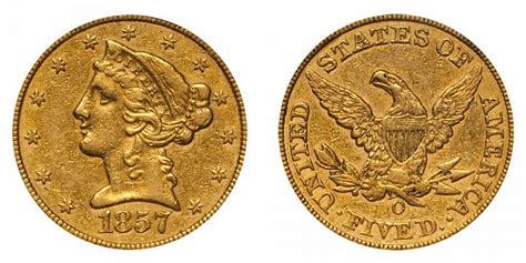 1857 O Coronet Head Gold 5 Half Eagle Type 1 No Motto Liberty Head