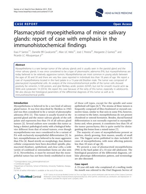 Pdf Plasmacytoid Myoepithelioma Of Minor Salivary Glands Report Of