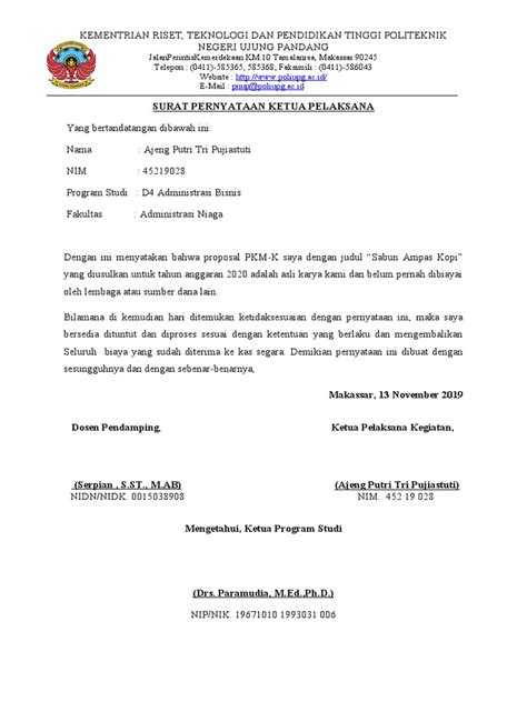 Contoh Surat Pernyataan Ketua Pelaksana Pkm Mahasiswa Imagesee