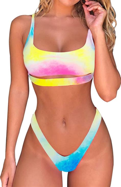 Byoauo Womens Sexy Bikini Scoop Neck Straps Cutout Crop Top With Cheeky Bottom Two Piece