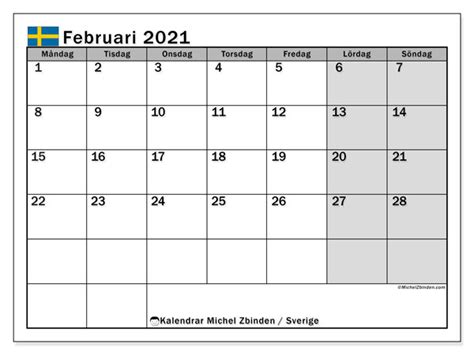 Du kan skriva ut helt gratis ett stort urval av månatliga och årliga kalendrar. Kalender februari 2021 - Sverige - Michel Zbinden SV