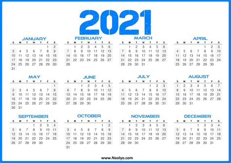 Us 2021 Calendar Printable One Page