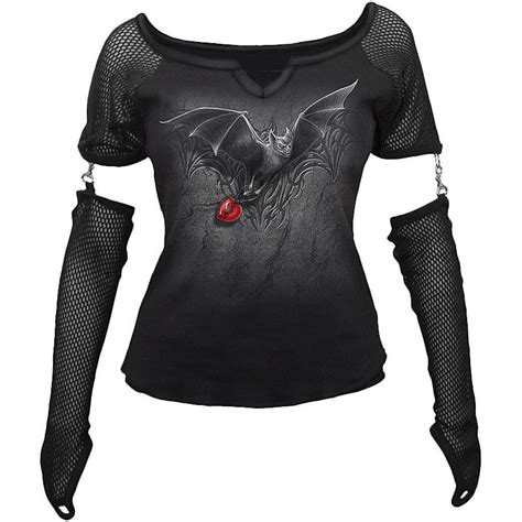 Gothic Clothing Mesh Sleeve Womens Shirt Bat Print W Heart