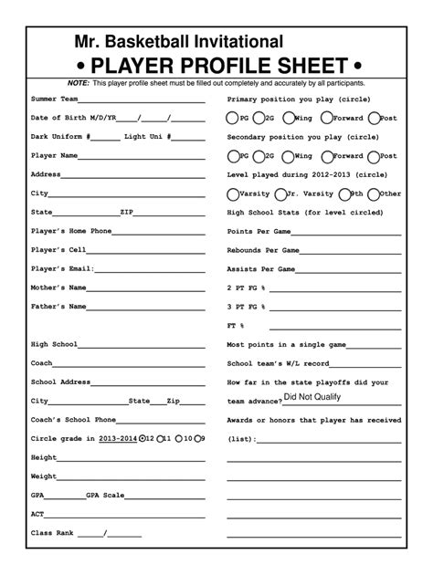 Basketball Player Information Sheet Fill Online Printable Fillable