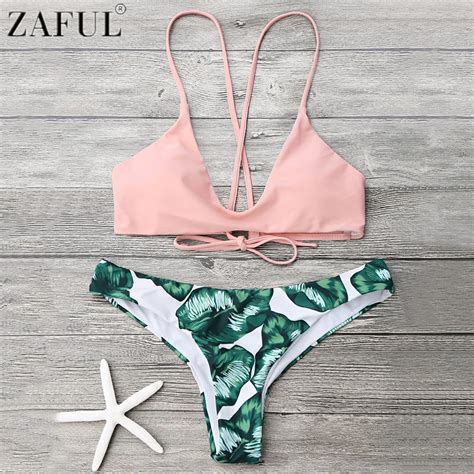 Zaful Cami Bralette Palm Leaf Print Low Waist Bikini Set Push Up
