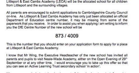 Littleport And East Cambridgeshire Academy Admission Letter The