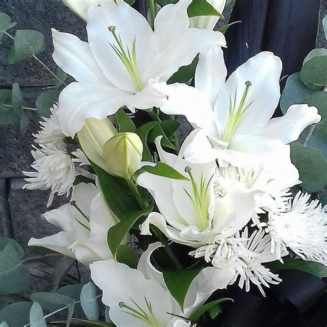 Oriental Lilies Bouquet With Moms Pastel Blue Eucalyptus