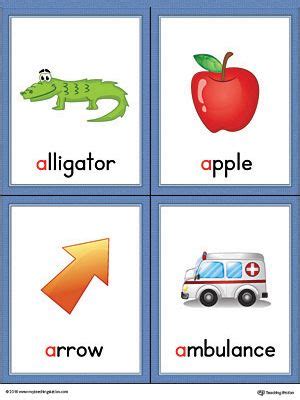 Kindergarteners are starting their early alphabet and reading journey. Letter A Words and Pictures Printable Cards: Alligator, Apple, Arrow ...