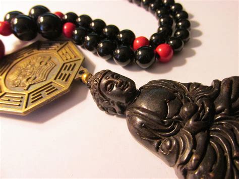 Carved Black Jade Buddha Pendant With Agate Coral Old Chinese Etsy