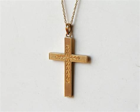 K Gold Cross Pendant Vintage Necklace Esemco Engraved Art