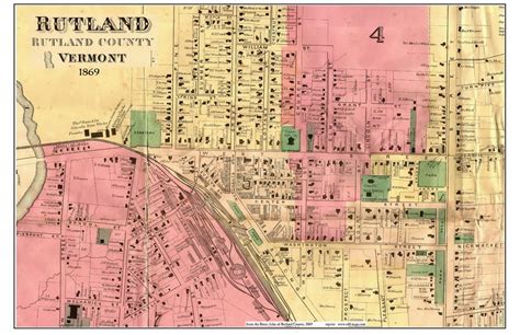 Rutland Downtown Cropped Vermont 1869 Old Town Map Reprint Rutland