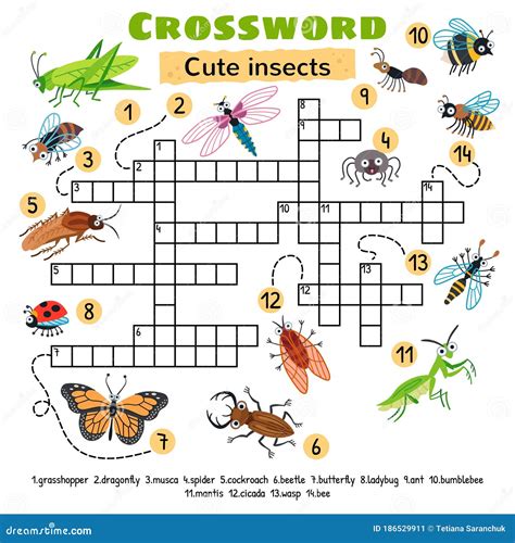 Crucigrama De Insectos Lindos. Juego Para Niños De Preescolar