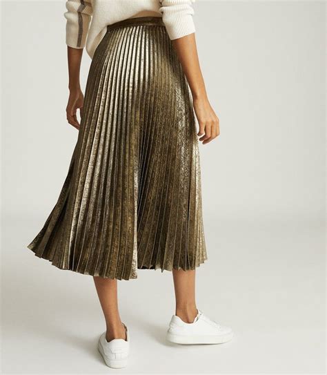 reiss gemma metallic pleated midi skirt in gold womens size 16 metallic midi skirt