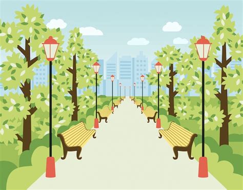 Premium Vector Park Alley With Lanterns Benches And Green Trees