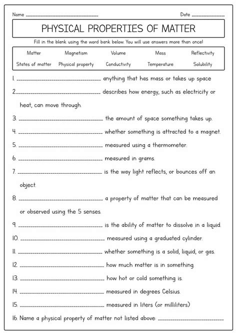 The Physical Properties Of Matter Worksheet Is Shown In Black And White
