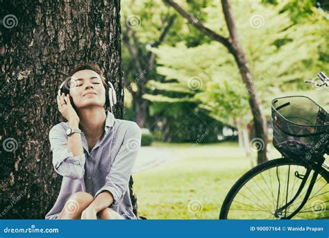 Beautiful Young Woman With Headphones Outdoors Stock Photo Image Of
