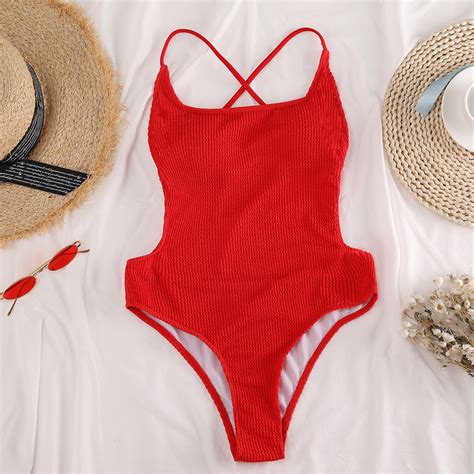 Sexy One Piece Swimsuit Women Solid Red High Cut Backless Bodysuit Monokini Summer Beach Bathing