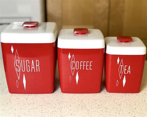 Vintage 1950s Red Kitchen Canister Set Sugar Coffee Tea Etsy