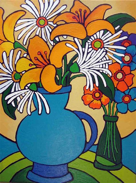 A Painting Of Flowers In A Blue Vase On A Yellow And Green Background