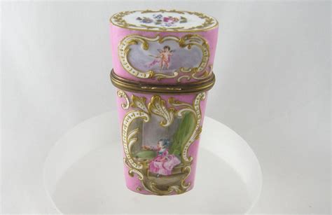 Antique French Sevres Style Pink Porcelain Scenic Etui Box French