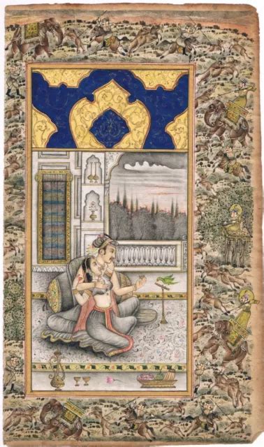 Indian Miniature Painting Of Mughal Emperor Jahangir Nur Jahan Love