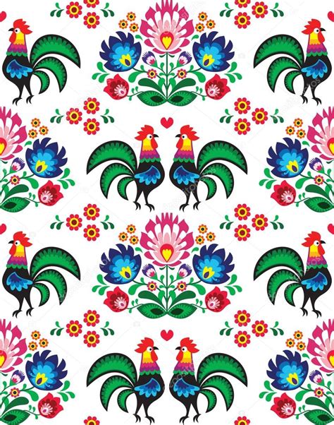 Seamless Polish Folk Art Pattern With Roosters Wzory Lowickie